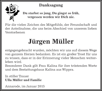 Traueranzeige von Jürgen Müller von Super Sonntag SGH Mansf. Land