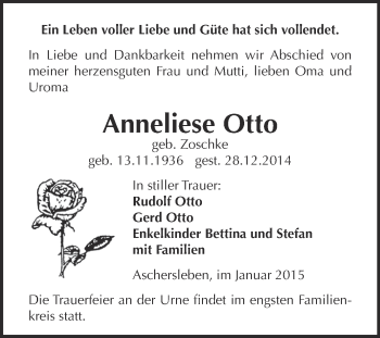 Traueranzeige von Anneliese Otto von Super Sonntag Aschersleben