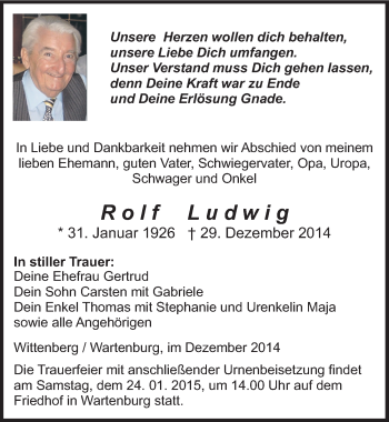 Traueranzeige von Rolf Ludwig von Mitteldeutsche Zeitung Wittenberg