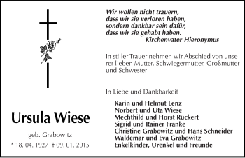 Traueranzeige von Ursula Wiese von Mitteldeutsche Zeitung Naumburg/Nebra
