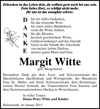 Traueranzeige von Margit Witte von Mitteldeutsche Zeitung Quedlinburg
