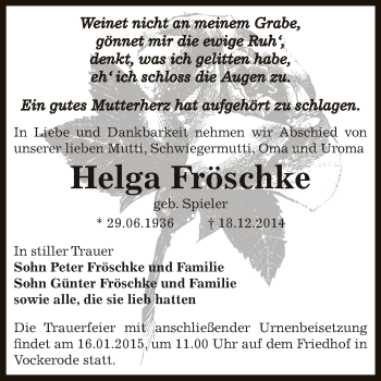 Traueranzeige von Helga Fröschke von WVG - Wochenspiegel Dessau / Köthen