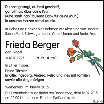 Traueranzeige von Frieda Berger von WVG - Wochenspiegel NMB / WSF / ZTZ