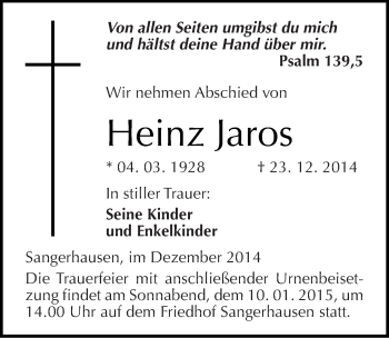 Traueranzeige von Heinz Jaros von Mitteldeutsche Zeitung Sangerhausen