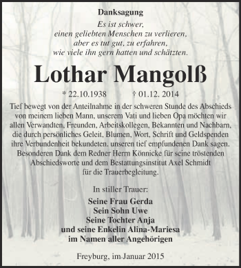 Traueranzeige von Lothar Mangolß von WVG - Wochenspiegel NMB / WSF / ZTZ