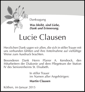 Traueranzeige von Lucie Clausen von Mitteldeutsche Zeitung Köthen