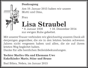 Traueranzeige von Lisa Straubel von Super Sonntag Zeitz