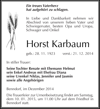 Traueranzeige von Horst Karbaum von Mitteldeutsche Zeitung Mansfelder Land
