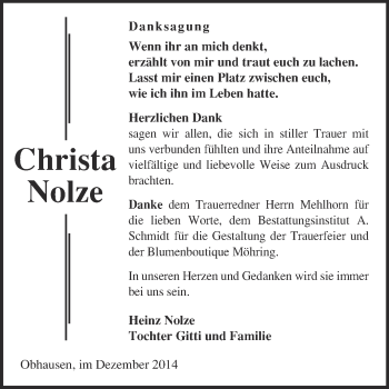 Traueranzeige von Christa Nolze von WVG - Wochenspiegel Merseburg