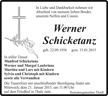 Traueranzeige von Werner Schicketanz von Super Sonntag Quedlinburg