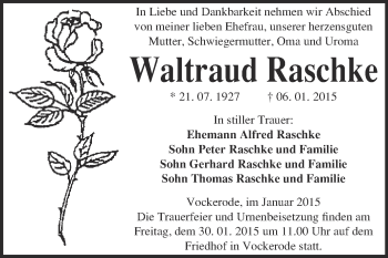 Traueranzeige von Waltraud Raschke von Super Sonntag Wittenberg