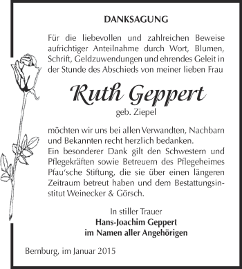 Traueranzeige von Ruth Geppert von Super Sonntag Bernburg