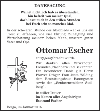 Traueranzeige von Ottomar Escher von Super Sonntag SGH Mansf. Land