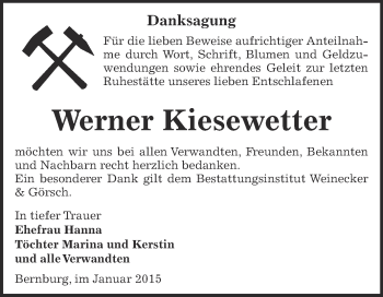 Traueranzeige von Werner Kiesewetter von Super Sonntag Bernburg