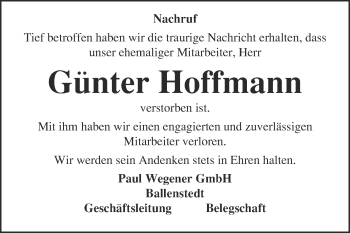 Traueranzeige von Günter Hoffmann von Super Sonntag Quedlinburg