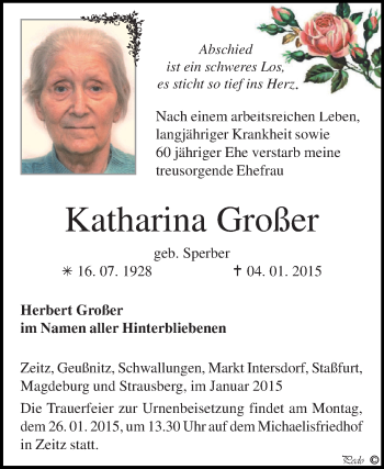 Traueranzeige von Katharina Großer von Super Sonntag Zeitz