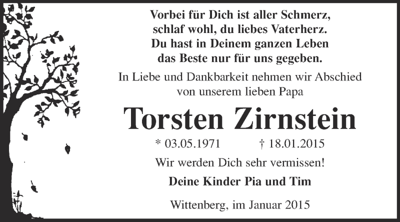  Traueranzeige für Torsten Zirnstein vom 25.01.2015 aus Super Sonntag Wittenberg