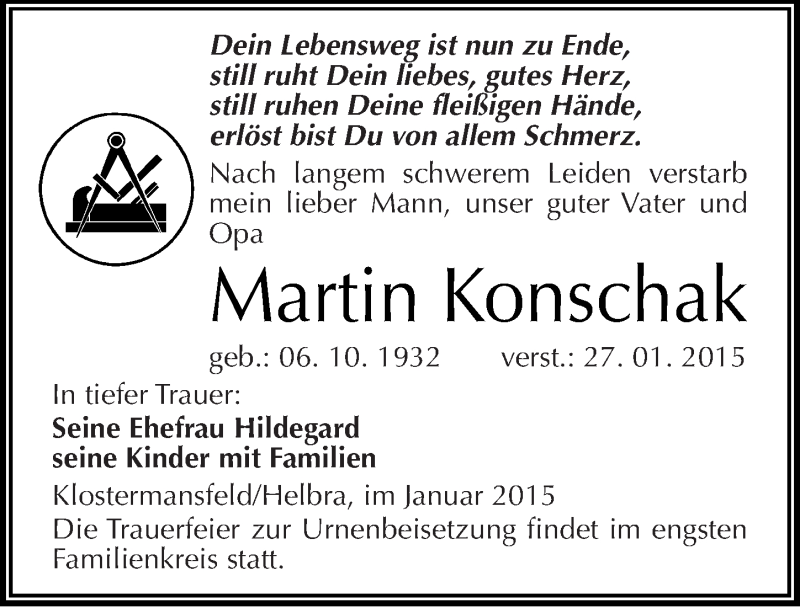  Traueranzeige für Martin Konschak vom 31.01.2015 aus Mitteldeutsche Zeitung Mansfelder Land