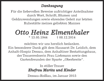 Traueranzeige von Otto Heinz Elmenthaler von WVG - Wochenspiegel Dessau / Köthen