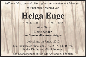 Traueranzeige von Helga Enge von WVG - Wochenspiegel NMB / WSF / ZTZ