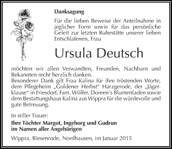 Traueranzeige von Ursula Deutsch von Mitteldeutsche Zeitung Mansfelder Land