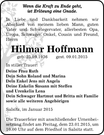 Traueranzeige von Hilmar Hoffmann von Mitteldeutsche Zeitung Zeitz