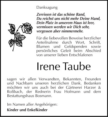 Traueranzeige von Irene Taube von Mitteldeutsche Zeitung Halle/Saalkreis
