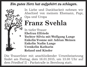Traueranzeige von Franz Svehla von Super Sonntag Bernburg