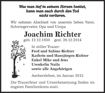 Traueranzeige von Joachim Richter von WVG - Wochenspiegel Aschersleben