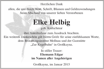 Traueranzeige von Elke Helbig von WVG - Wochenspiegel Merseburg