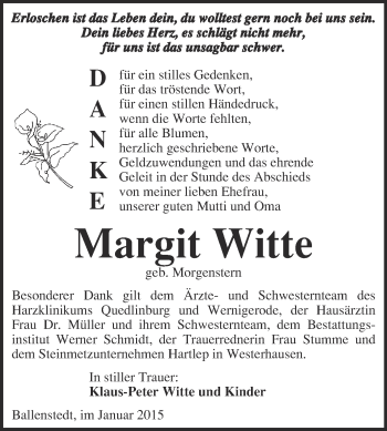 Traueranzeige von Margit Witte von WVG - Wochenspiegel Quedlinburg