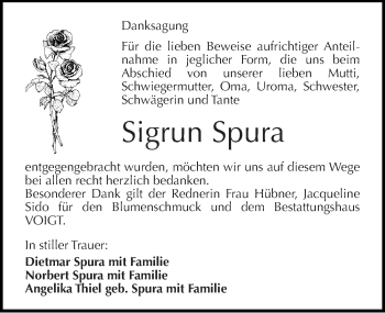 Traueranzeige von Sigrun Spura von Mitteldeutsche Zeitung Mansfelder Land