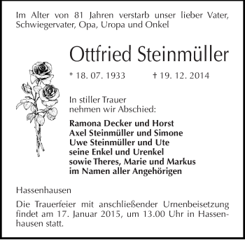 Traueranzeige von Ottfried Steinmüller von Mitteldeutsche Zeitung Naumburg/Nebra