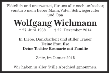 Traueranzeige von Wolfgang Wichmann von Super Sonntag Zeitz