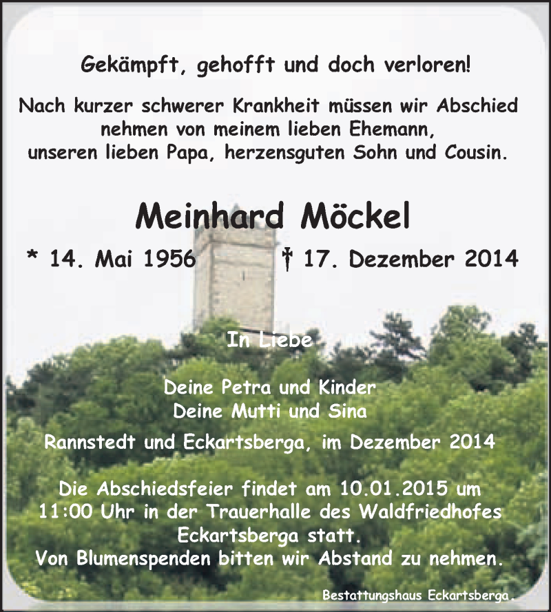  Traueranzeige für Meinhard Möckel vom 07.01.2015 aus WVG - Wochenspiegel NMB / WSF / ZTZ