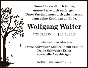 Traueranzeige von Wolfgang Walter von WVG - Wochenspiegel Dessau / Köthen