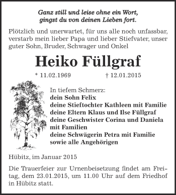 Traueranzeige von Heiko Füllgraf von Super Sonntag SGH Mansf. Land