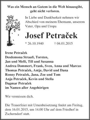 Traueranzeige von Josef Petracek von WVG - Wochenspiegel Bitterfeld