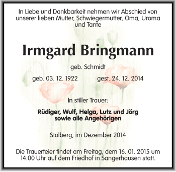 Traueranzeige von Irmgard Bringmann von Mitteldeutsche Zeitung Sangerhausen