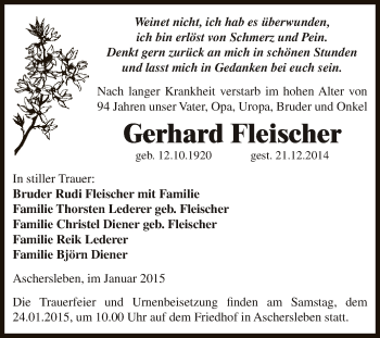 Traueranzeige von Gerhard Fleischer von WVG - Wochenspiegel Aschersleben