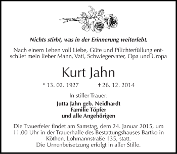 Traueranzeige von Kurt Jahn von Mitteldeutsche Zeitung Köthen