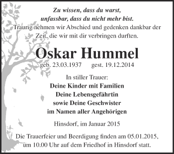 Traueranzeige von Oskar Hummel von Super Sonntag Dessau / Köthen
