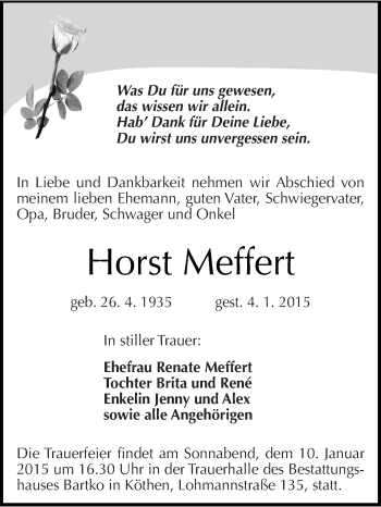 Traueranzeige von Horst Meffert von WVG - Wochenspiegel Dessau / Köthen