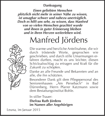 Traueranzeige von Manfred Jördens von WVG - Wochenspiegel Merseburg