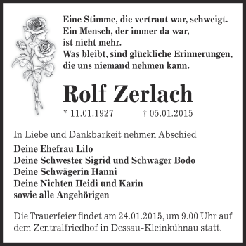 Traueranzeige von Rolf Zerlach von WVG - Wochenspiegel Dessau / Köthen