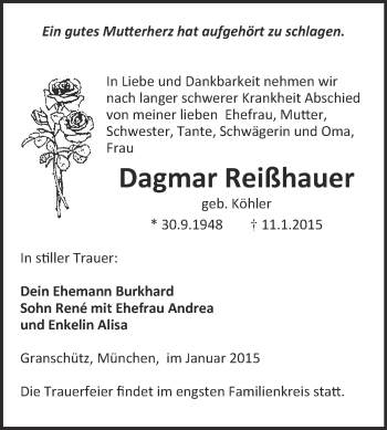 Traueranzeige von Dagmar Reißhauer von Super Sonntag Merseburg