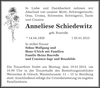 Traueranzeige von Anneliese Schiedewitz von Super Sonntag Bernburg