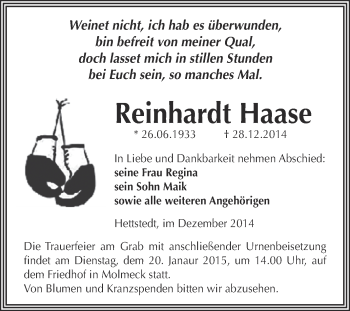 Traueranzeige von Reinhardt Haase von Wochenspiegel Mansfelder Land