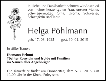 Traueranzeige von Helga Pöhlmann von Mitteldeutsche Zeitung Bernburg