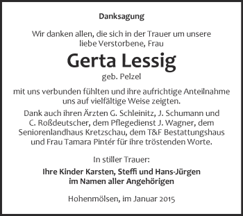 Traueranzeige von Gerta Lessig von WVG - Wochenspiegel NMB / WSF / ZTZ